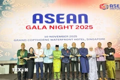 Đại sứ các nước ASEAN thể hiện tinh thần đoàn kết tại ASEAN Gala Night 2025. (Ảnh: Ngọc Khương/TTXVN)