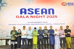 Đại sứ các nước ASEAN thể hiện tinh thần đoàn kết tại ASEAN Gala Night 2025. (Ảnh: Ngọc Khương/TTXVN)