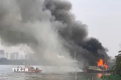 Lực lượng Phòng cháy chữa cháy dập lửa đám cháy. (Ảnh: TTXVN phát)