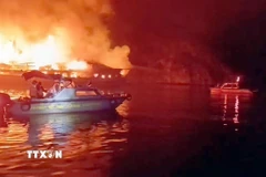 Lực lượng chức năng tiếp cận hiện trường khống chế đám cháy. (Ảnh: TTXVN phát)