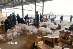 Sư đoàn Không quân 372 chuẩn bị hàng từ sân bay Đà Nẵng và sân bay Phù Cát để thực hiện nhiệm vụ bay cứu trợ. (Ảnh: TTXVN phát)