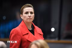 Thủ tướng Đan Mạch Mette Frederiksen tại Brussels, Bỉ ngày 6/3/2025. (Ảnh: THX/TTXVN)