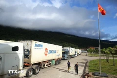 Đoàn xe chở hàng qua cửa khẩu quốc tế Cha Lo. (Ảnh: Minh Quyết/TTXVN)
