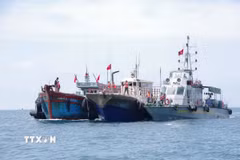Bộ đội Biên phòng thành phố Hải Phòng hỗ trợ lai dắt tàu cá Trung Quốc gặp sự cố trên biển vào âu cảng Bạch Long Vĩ. (Ảnh: TTXVN phát)