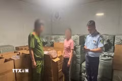 Lực lượng chức năng kiểm tra kho hàng do N.T.T làm chủ. (Ảnh: TTXVN phát)