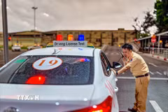 Quy trình sát hạch luôn có lực lượng Cảnh sát giao thông giám sát và được giám sát bằng camera, hạn chế tiêu cực. (Ảnh: Trung Nguyên/TTXVN)