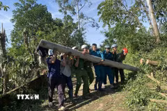 Lực lượng Công an tỉnh Gia Lai giúp người dân dọn dẹp trụ điện ngã đổ gây cản trở giao thông. (Ảnh: Sỹ Thắng/TTXVN)