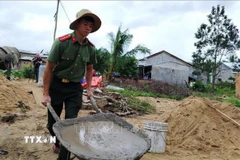 Chiến sỹ công an hỗ trợ người dân xây dựng, sửa nhà sau bão lũ nỗ lực sớm hoàn thành những căn nhà mới trong “Chiến dịch Quang Trung”. (Ảnh: Tường Quân/TTXVN)
