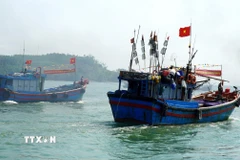 Các tàu cá đồng loạt rẽ sóng ra khơi sau lễ ra quân. (Ảnh: Lê Phước Ngọc/TTXVN)