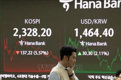Bảng điện tử hiển thị chỉ số chứng khoán KOSPI tại ngân hàng Hana ở Seoul, Hàn Quốc. (Ảnh: THX/TTXVN)