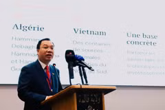 Đại sứ Vũ Duy Long phát biểu tại Diễn đàn du lịch tắm khoáng nóng và trị liệu bằng nước biển ở Algeria. (Ảnh: Mạnh Hùng/TTXVN)