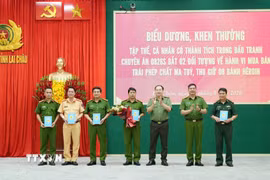 2 đối tượng Liều A Sổ và Thào A Chô cùng tang vật 8 bánh heroin. (Ảnh: Nguyễn Oanh/TTXVN)