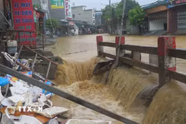 Nước lũ dâng cao tại các ngầm tràn, khe suối tại khu vực Cầu Sập, tổ 4 Duyên Hải, phường Lào Cai. (Ảnh: Hương Thu/TTXVN)