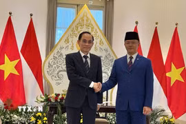 Ủy viên Bộ Chính trị, Bộ trưởng Ngoại giao Lê Hoài Trung (trái) và Bộ trưởng Ngoại giao Indonesia Sugiono tại toà nhà Pencasila, Bộ Ngoại giao Indonesia. (Ảnh: Đỗ Quyên/TTXVN)