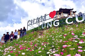 Du khách tham quan, trải nghiệm tại điểm check-in "Chạm Lũng Cú". (Ảnh: TTXVN phát)