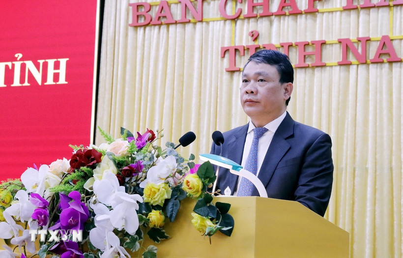 Bí thư Tỉnh ủy Nam Định Đặng Khánh Toàn phát biểu tại hội nghị. (Ảnh: Thái Thuần/TTXVN)