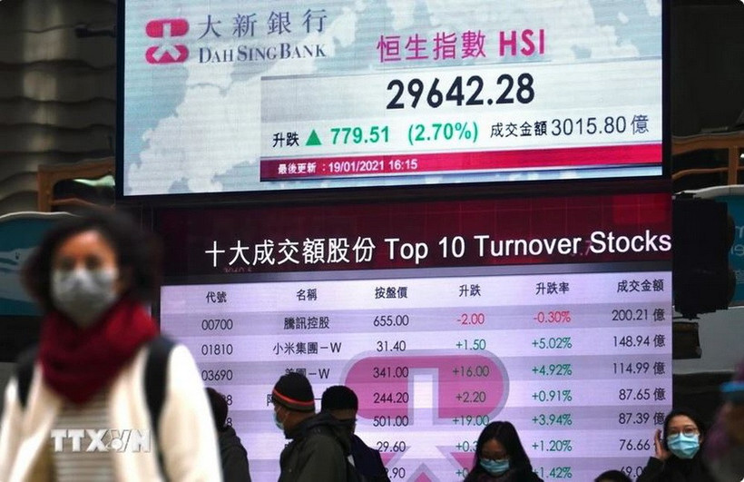 Màn hình hiển thị một phiên giao dịch chứng khoán Hang Seng tại Hong Kong, Trung Quốc. (Ảnh: THX/TTXVN)