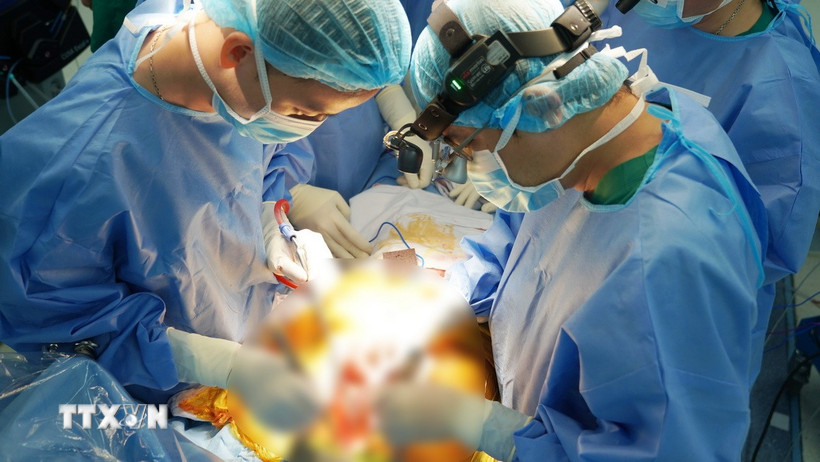 Các bác sĩ Bệnh viện Quân y 175 thực hiện lấy tạng. (Ảnh: TTXVN phát)