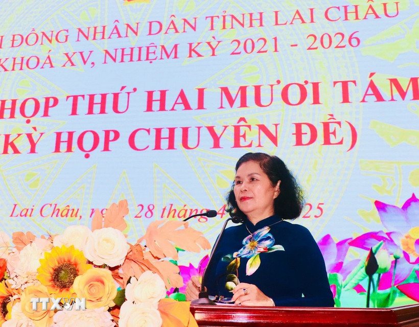 Bí thư Tỉnh ủy, Chủ tịch Hội đồng Nhân dân, Trưởng Đoàn Đại biểu Quốc hội tỉnh Lai Châu Giàng Páo Mỷ phát biểu. (Ảnh: TTXVN phát)