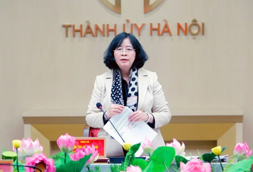 Bí thư Thành ủy Hà Nội Bùi Thị Minh Hoài phát biểu chỉ đạo tại phiên họp. (Nguồn: báo Hà Nội mới)