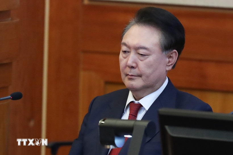 Tổng thống Hàn Quốc bị luận tội Yoon Suk-yeol tại phiên điều trần của Tòa án Hiến pháp ở Seoul, ngày 20/2 vừa qua. (Ảnh: Yonhap/TTXVN)
