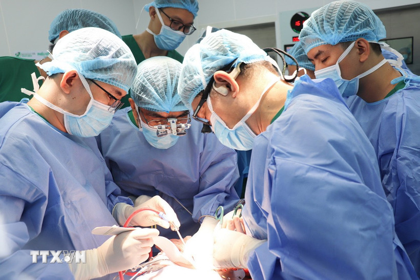 Các bác sỹ Bệnh viện Nhi đồng 2 ghép gan cho bệnh nhi. (Ảnh: TTXVN phát)