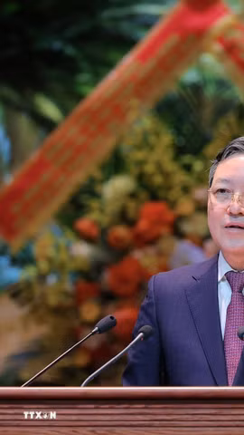 Đồng chí Lương Quốc Đoàn, Ủy viên Trung ương Đảng, Chủ tịch Hội Nông dân Việt Nam khóa IX, nhiệm kỳ 2026-2031 phát biểu nhận nhiệm vụ. (Ảnh: Lê Đông/TTXVN)