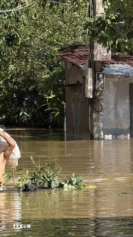 Người dân di chuyển qua vùng ngập lụt. (Ảnh: Tường Quân/TTXVN)