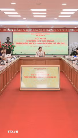 Quang cảnh hội nghị sơ kết 6 tháng đầu năm và triển khai phương hướng, nhiệm vụ 6 tháng cuối năm 2026 của Ban Chỉ đạo 35 về bảo vệ nền tảng tư tưởng của Đảng, đấu tranh phản bác quan điểm sai trái, thù địch của TTXVN. (Ảnh: Phan Phương/TTXVN)