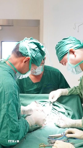 Các bác sỹ Bệnh viện Bình Định phẫu thuật thành công ca bệnh hiếm gặp ở trẻ 2,5 tháng tuổi. (Ảnh: TTXVN phát)