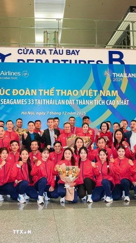Đoàn thể thao Việt Nam tại sân bay quốc tế Nội Bài, sáng 7/12. (Ảnh: TTXVN phát)