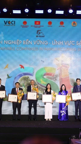 Nhân dịp kỷ niệm 10 năm, Ban tổ chức đã trao tặng cúp “Ngôi sao CSI” cho 11 doanh nghiệp xuất sắc, có từ 5 năm liên tiếp trở lên được biểu dương trong Top 10 doanh nghiệp bền vững. (Ảnh: Vietnam+)