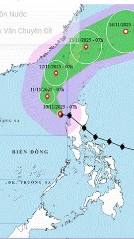 Hình ảnh vị trí và đường đi của bão số 14 lúc 7h sáng 10/11/2025. (Nguồn; Trung tâm Dự báo Khí tượng Thủy văn Quốc gia)