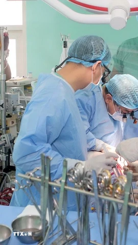 Êkíp bệnh viện Trung ương Huế hiện ghép tim cho bệnh nhân. (Ảnh: TTXVN phát)