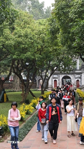 Đông đảo người dân thủ đô tham quan Văn Miếu-Quốc Tử Giám sáng mùng 1 Tết Bính Ngọ. (Ảnh: Minh Đức/ TTXVN)