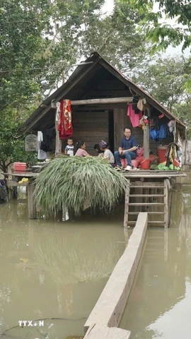 Buôn Nu, xã Uar (tỉnh Gia Lai) vẫn ngập sâu trong nước sau bão số 13. (Ảnh: Hoài Nam/TTXVN)