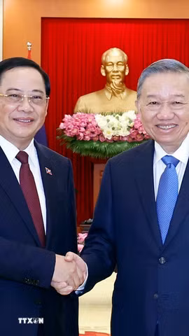 Tổng Bí thư, Chủ tịch nước Tô Lâm tiếp Thủ tướng Lào Sonexay Siphandone. (Ảnh: Thống Nhất/TTXVN)
