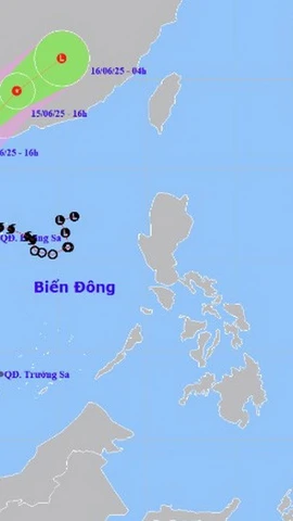Hướng di chuyển của bão số 1 lúc 16h ngày 14/6/2025. (Nguồn: Trung tâm Dự báo Khí tượng Thủy văn Quốc gia)