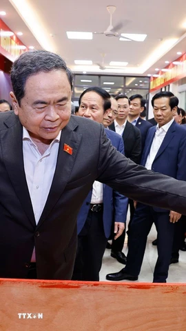 Chủ tịch Quốc hội Trần Thanh Mẫn kiểm tra, giám sát công tác chuẩn bị bầu cử tại khu vực bỏ phiếu số 8, phường Hải An, thành phố Hải Phòng. (Ảnh: Doãn Tấn/TTXVN)