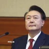 Tổng thống Hàn Quốc Yoon Suk Yeol tại Tòa án Hiến pháp ở trung tâm Seoul. (Ảnh: Kyodo/TTXVN)