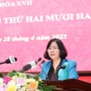 Bà Bùi Thị Minh Hoài, Ủy viên Bộ Chính trị, Bí thư Thành ủy Hà Nội, phát biểu kết luận hội nghị. (Ảnh: Phương Hoa/TTXVN)