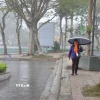 Người dân phải dùng ô vì trời xuất hiện mưa phùn, mưa nhỏ ở khu vực đường Thanh Niên và hồ Tây. (Ảnh: Nguyễn Hoa/TTXVN phát)