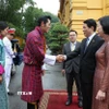 Chủ tịch nước Lương Cường và Phu nhân Nguyễn Thị Minh Nguyệt đón Quốc vương Bhutan Jigme Khesar Namgyel Wangchuck và Hoàng hậu Jetsun Pema. (Ảnh: Lâm Khánh/TTXVN)