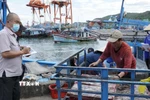 Lực lượng chức năng giám sát hoạt động đưa cá lên cảng. (Ảnh: Đình Quân/TTXVN)