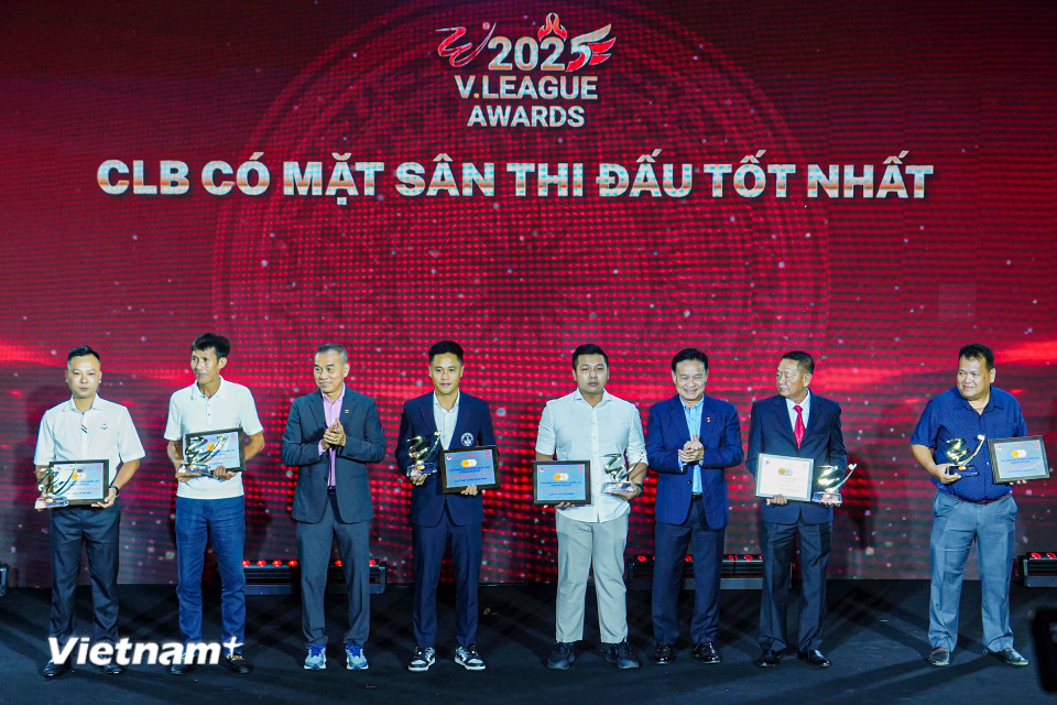 Các đại diện nhận giải thưởng CLB có mặt sân thi đấu tốt nhất ở V-League: Thép Xanh Nam Định, Hà Nội FC, Công an Hà Nội, Hoàng Anh Gia Lai, Hải Phòng, CLB Thành phố Hồ Chí Minh. (Ảnh: Việt Anh/Vietnam+)