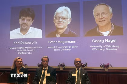 Chân dung các nhà khoa học (từ trái sang) đoạt giải Nobel Y Sinh 2026 Karl Deisseroth (Mỹ), Peter Hegemann và Georg Nagel (Đức) với những phát hiện liên quan đến công nghệ quang di truyền học. (Ảnh: AA/TTXVN phát)