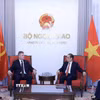 Bộ trưởng Bộ Ngoại giao Lê Hoài Trung tiếp đồng chí Roman Roun, Chủ tịch Đảng Cộng sản Séc Morava (KSCM). (Ảnh: Tuấn Anh/TTXVN)