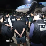 Các công dân nước ngoài liên quan hoạt động lừa đảo sử dụng công nghệ được bàn giao tại sân bay quốc tế ở thủ đô Phnom Penh, Vương quốc Campuchia, tối 17/10/2025. (Ảnh: AKP/TTXVN phát)