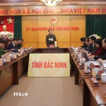 Bộ trưởng Bộ Công an Lương Tam Quang làm việc với lãnh đạo tỉnh Bắc Ninh về việc thực hiện dự án Cảng Hàng không Quốc tế Gia Bình. (Ảnh: Thanh Thương/TTXVN)