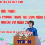 Bí thư Đảng ủy, Tổng Giám đốc TTXVN Vũ Việt Trang phát động phong trào thi đua năm 2026. (Ảnh: Phan Phương/TTXVN)